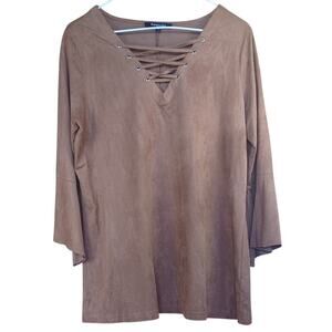 Relativity Faux Suede Lace-Up Top Womens Medium Brown Western Bell Sleeve Blouse